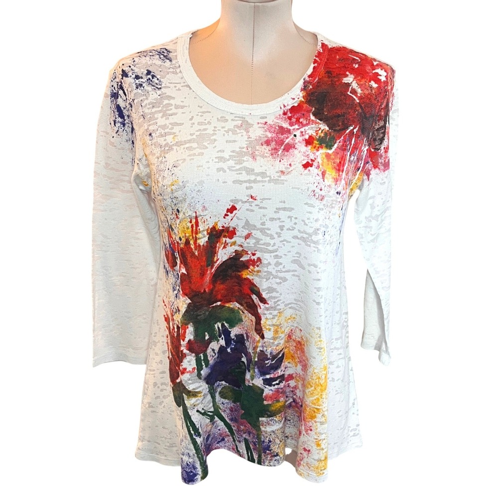 Jess & Jane Womens Small White Floral Burnout Thermal Knit 3/4 Sleeve Tunic Top